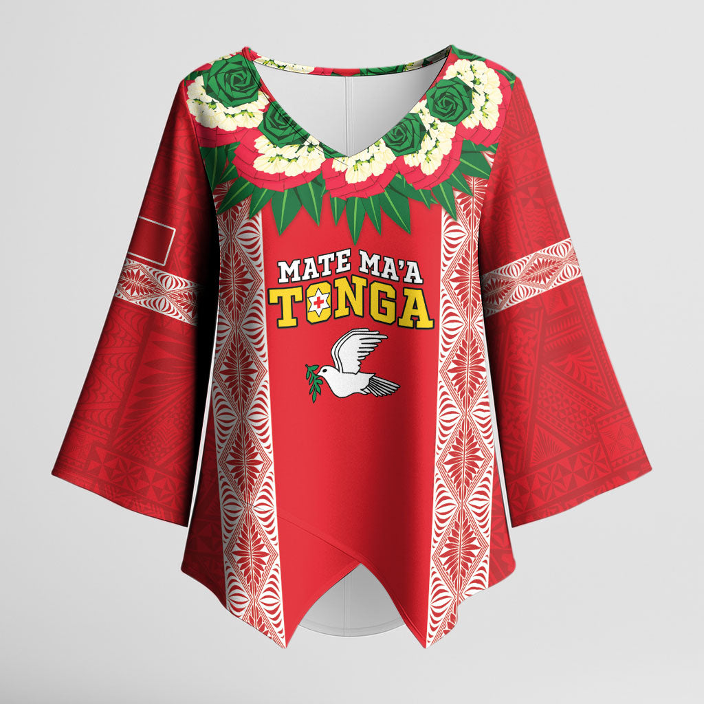 Mate Ma'a Tonga Rugby Custom Kimono Sleeve Blouse Tongan Kahoa Lei Ngatu Pattern Red LT14 Female Red - Polynesian Pride