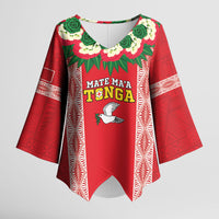Mate Ma'a Tonga Rugby Custom Kimono Sleeve Blouse Tongan Kahoa Lei Ngatu Pattern Red LT14 Female Red - Polynesian Pride