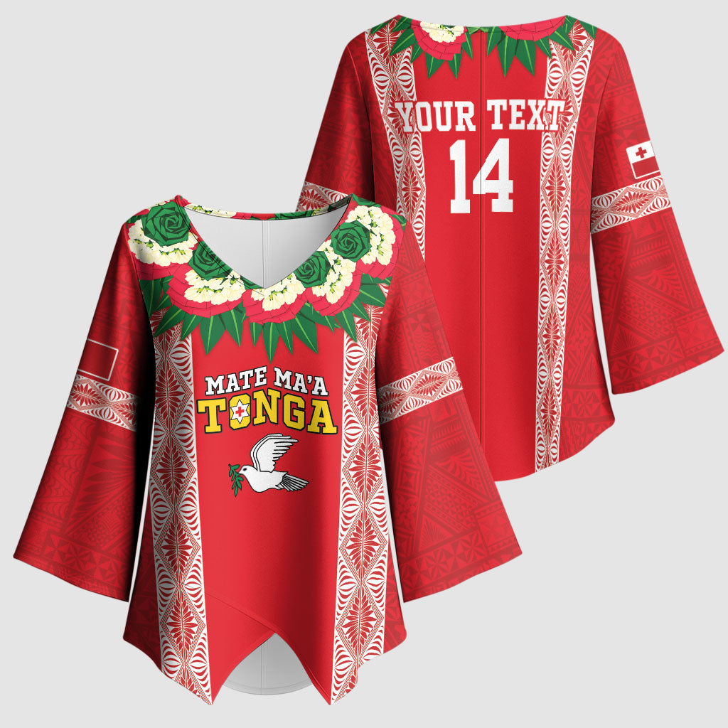 Mate Ma'a Tonga Rugby Custom Kimono Sleeve Blouse Tongan Kahoa Lei Ngatu Pattern Red LT14 - Polynesian Pride