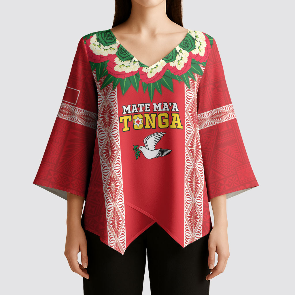 Mate Ma'a Tonga Rugby Custom Kimono Sleeve Blouse Tongan Kahoa Lei Ngatu Pattern Red LT14 - Polynesian Pride
