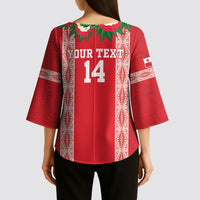 Mate Ma'a Tonga Rugby Custom Kimono Sleeve Blouse Tongan Kahoa Lei Ngatu Pattern Red LT14 - Polynesian Pride