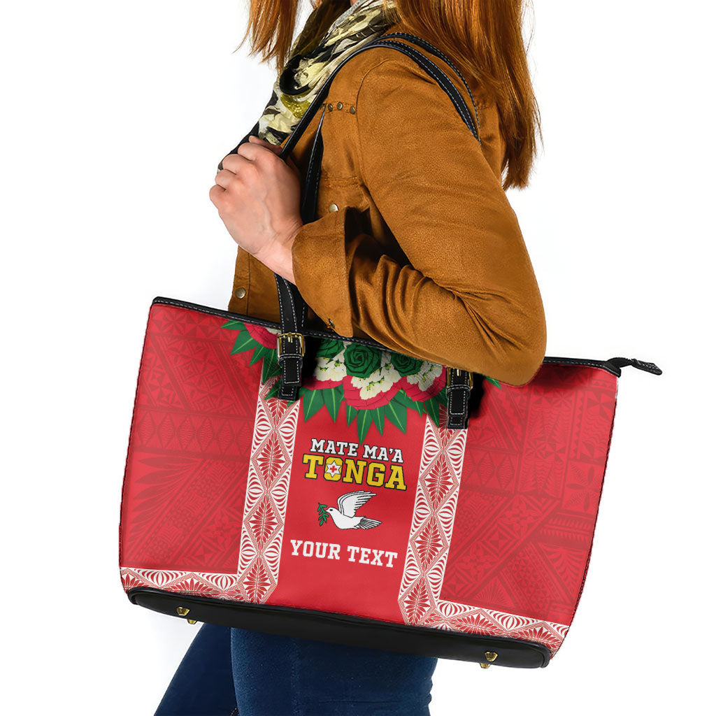 Mate Ma'a Tonga Rugby Custom Leather Tote Bag Tongan Kahoa Lei Ngatu Pattern Red LT14 Red - Polynesian Pride