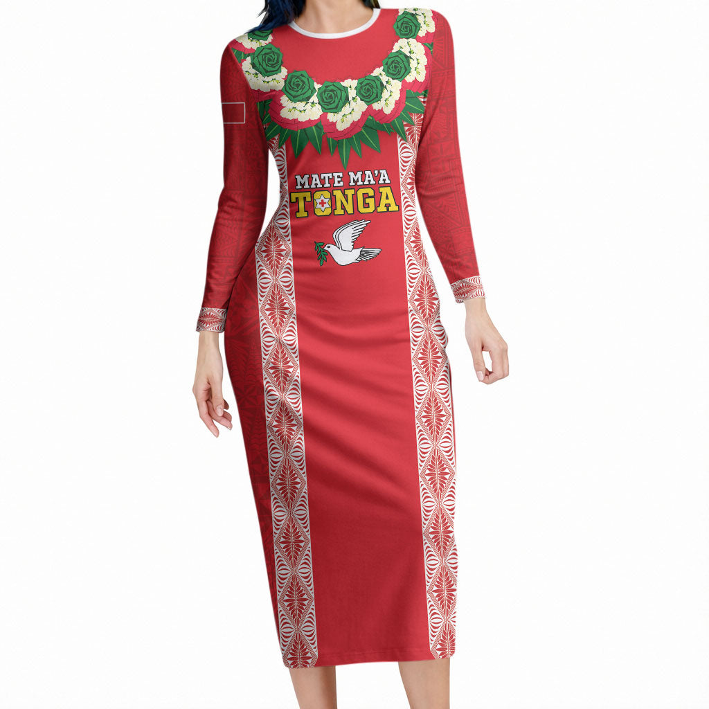 Mate Ma'a Tonga Rugby Custom Long Sleeve Bodycon Dress Tongan Kahoa Lei Ngatu Pattern Red