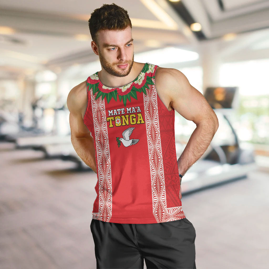 Mate Ma'a Tonga Rugby Custom Men Tank Top Tongan Kahoa Lei Ngatu Pattern Red LT14 Red - Polynesian Pride