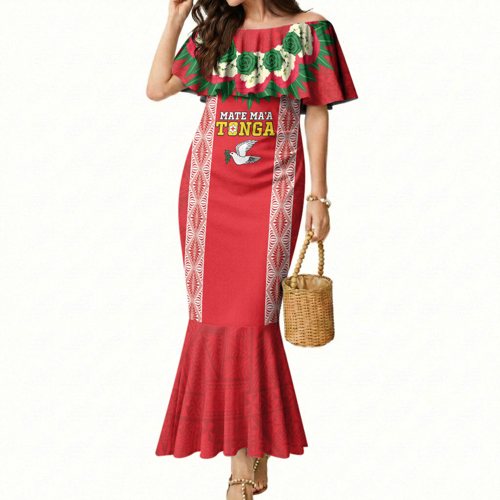 Mate Ma'a Tonga Rugby Custom Mermaid Dress Tongan Kahoa Lei Ngatu Pattern Red LT14 Women Red - Polynesian Pride