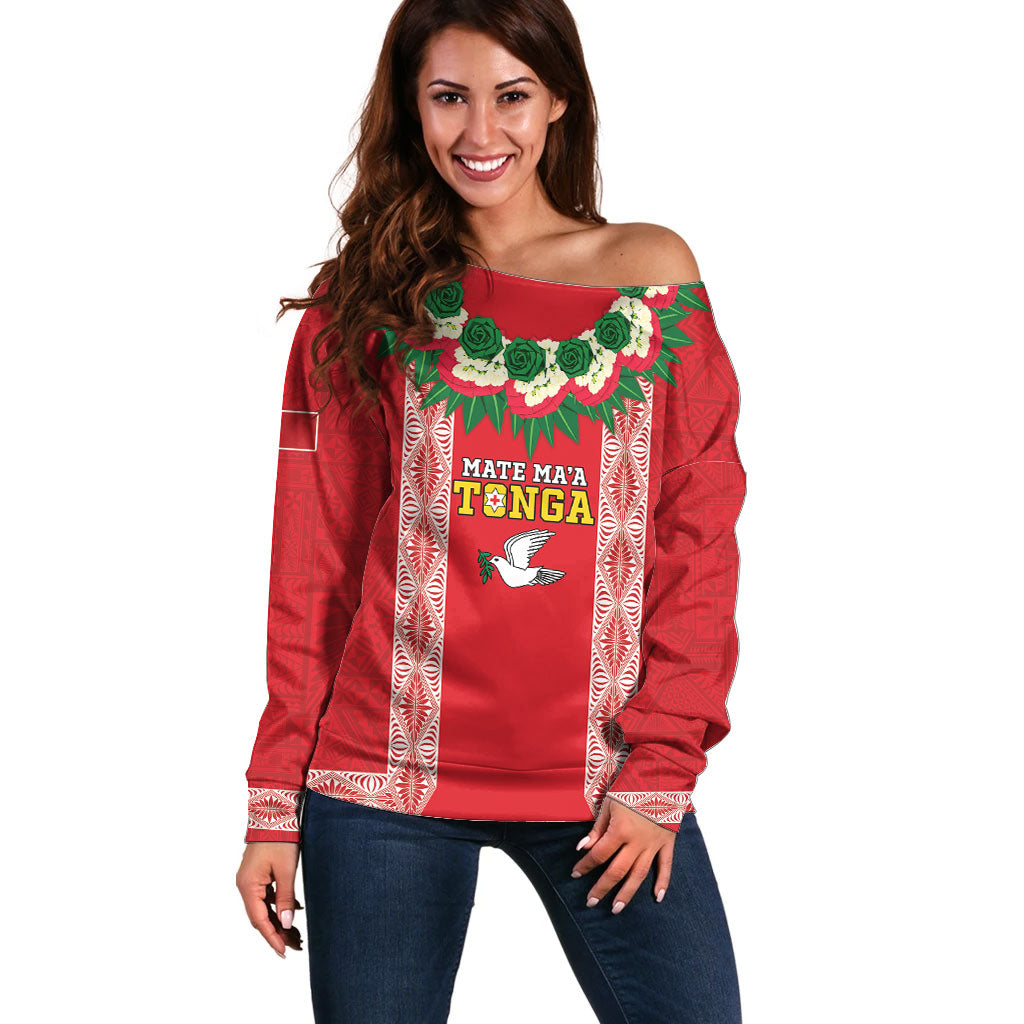 Mate Ma'a Tonga Rugby Custom Off Shoulder Sweater Tongan Kahoa Lei Ngatu Pattern Red LT14 Women Red - Polynesian Pride