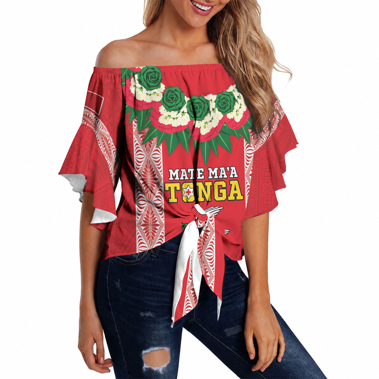 Mate Ma'a Tonga Rugby Custom Off Shoulder Wrap Waist Top Tongan Kahoa Lei Ngatu Pattern Red LT14 Red - Polynesian Pride