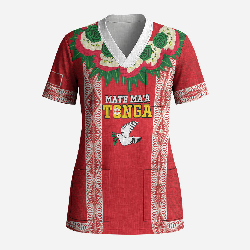 Mate Ma'a Tonga Rugby Custom Scrub Top Tongan Kahoa Lei Ngatu Pattern Red LT14 Adult Red - Polynesian Pride