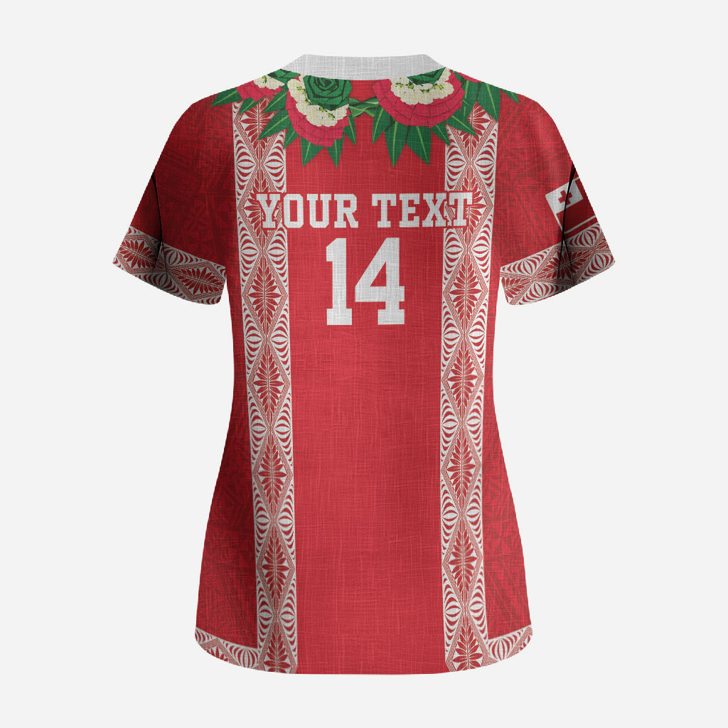 Mate Ma'a Tonga Rugby Custom Scrub Top Tongan Kahoa Lei Ngatu Pattern Red LT14 - Polynesian Pride
