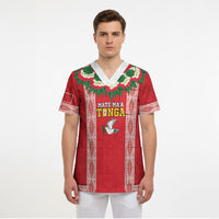 Mate Ma'a Tonga Rugby Custom Scrub Top Tongan Kahoa Lei Ngatu Pattern Red LT14 - Polynesian Pride