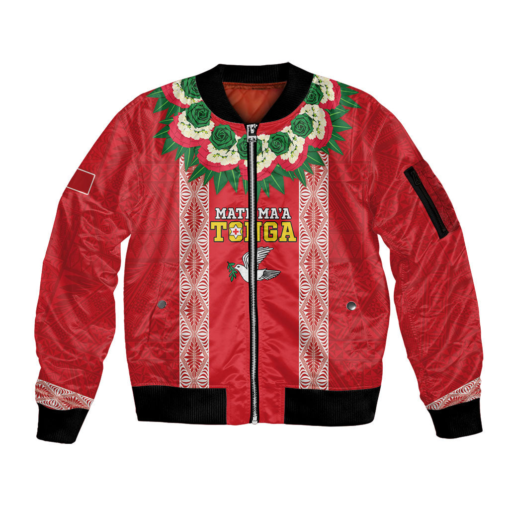 Mate Ma'a Tonga Rugby Custom Sleeve Zip Bomber Jacket Tongan Kahoa Lei Ngatu Pattern Red LT14 Unisex Red - Polynesian Pride