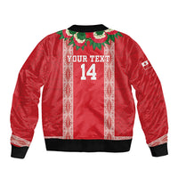 Mate Ma'a Tonga Rugby Custom Sleeve Zip Bomber Jacket Tongan Kahoa Lei Ngatu Pattern Red LT14 - Polynesian Pride