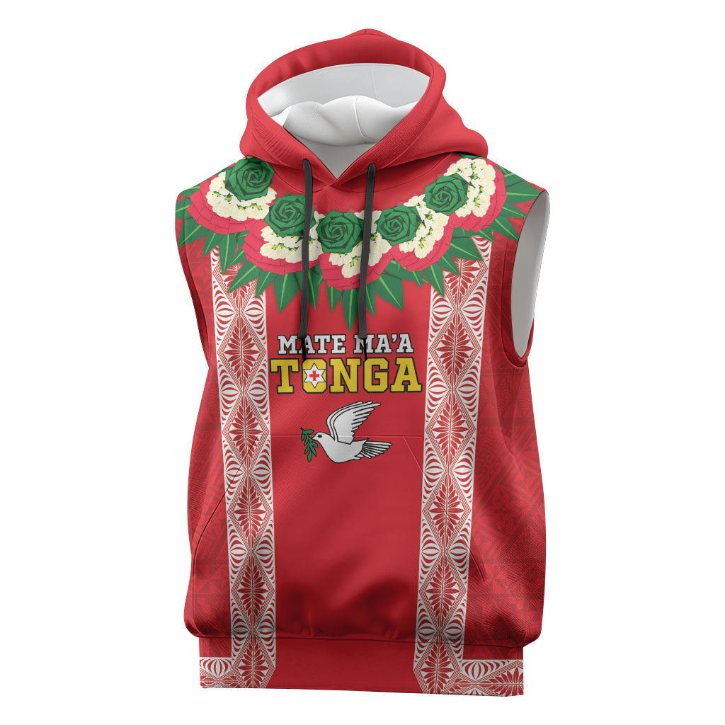 Mate Ma'a Tonga Rugby Custom Sleeveless Hoodie Tongan Kahoa Lei Ngatu Pattern Red LT14 Red - Polynesian Pride