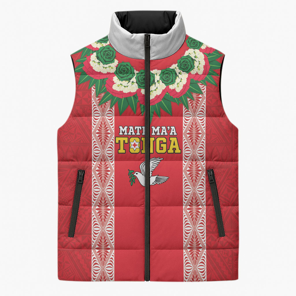 Mate Ma'a Tonga Rugby Custom Sleeveless Puffer Jacket Tongan Kahoa Lei Ngatu Pattern Red LT14 Unisex Red - Polynesian Pride