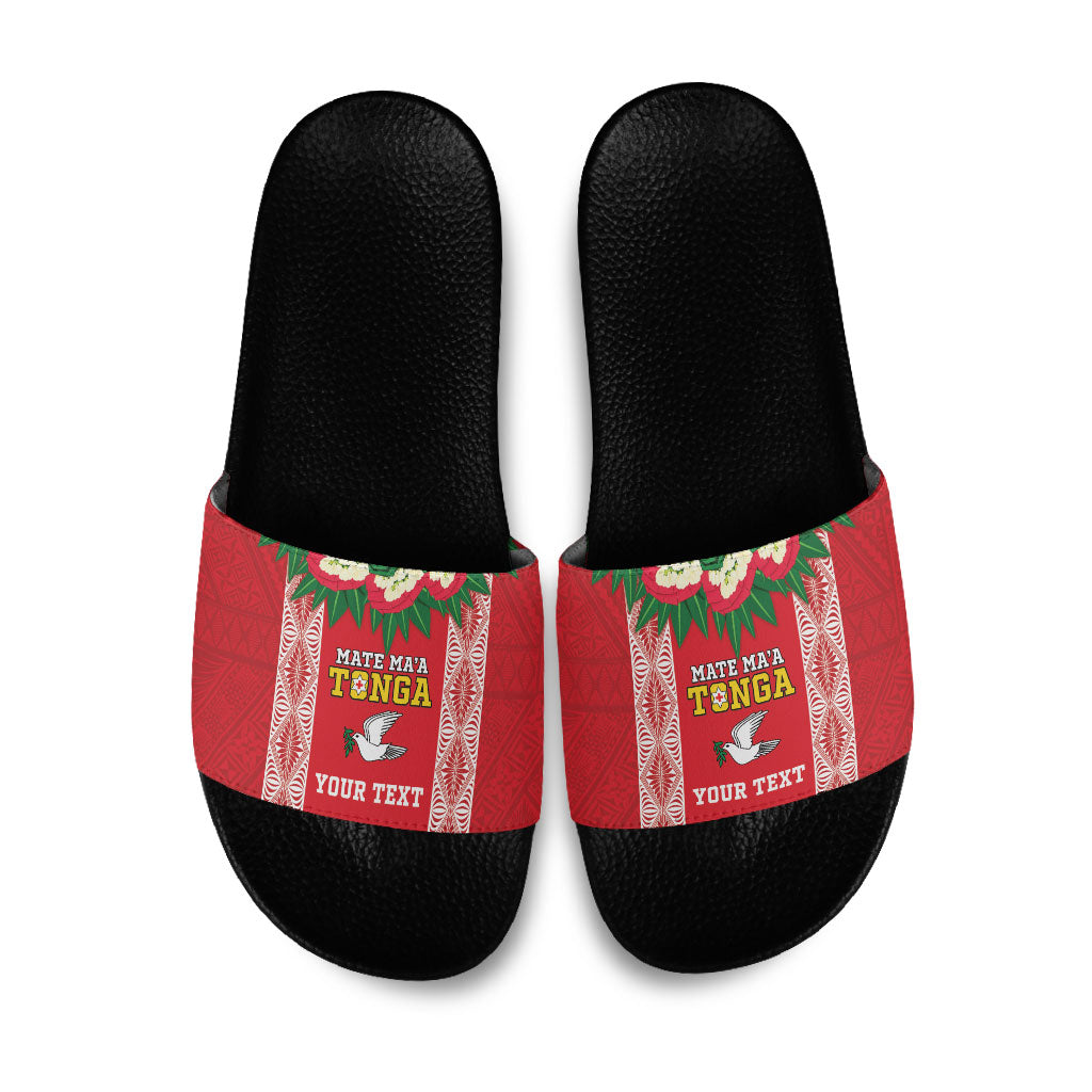 Mate Ma'a Tonga Rugby Custom Slide Sandals Tongan Kahoa Lei Ngatu Pattern Red LT14 Red - Polynesian Pride