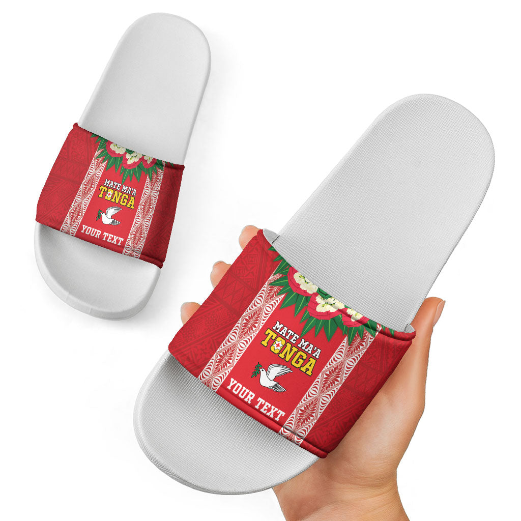 Mate Ma'a Tonga Rugby Custom Slide Sandals Tongan Kahoa Lei Ngatu Pattern Red LT14 - Polynesian Pride