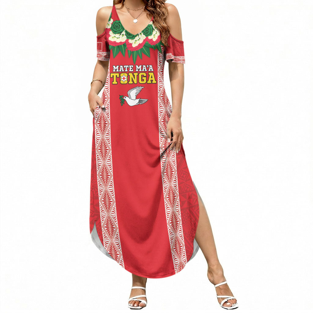 Mate Ma'a Tonga Rugby Custom Summer Maxi Dress Tongan Kahoa Lei Ngatu Pattern Red LT14 Women Red - Polynesian Pride