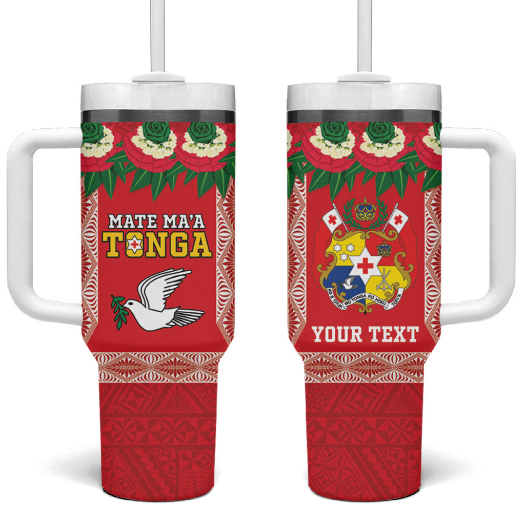 Mate Ma'a Tonga Rugby Custom Tumbler With Handle Tongan Kahoa Lei Ngatu Pattern Red LT14 One Size: 40 oz Red - Polynesian Pride