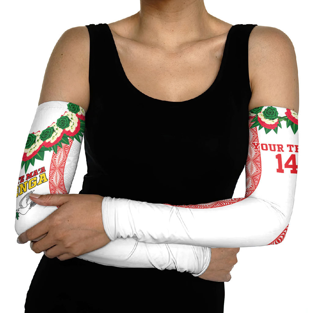 Mate Ma'a Tonga Rugby Custom Arm Sleeves Tongan Kahoa Lei Ngatu Pattern White LT14 - Polynesian Pride