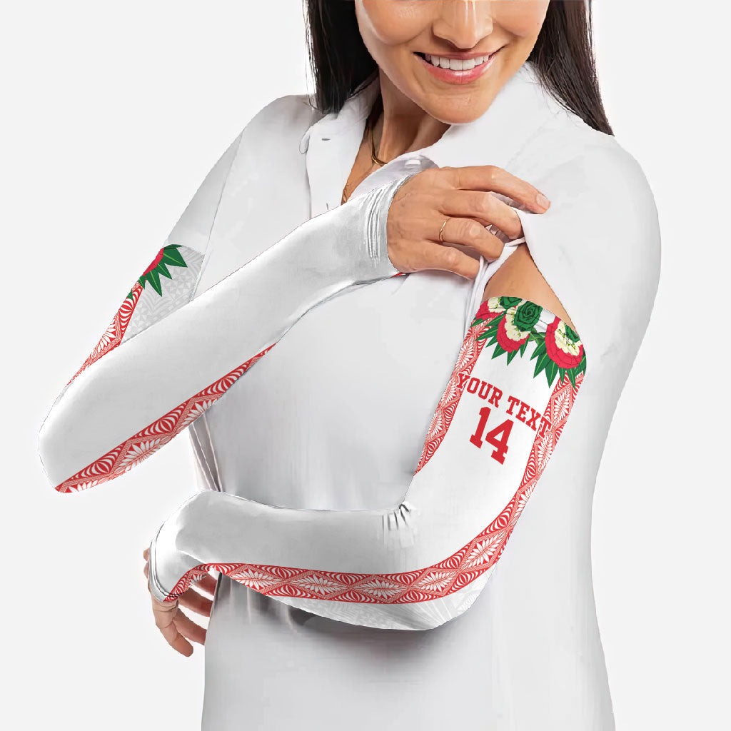 Mate Ma'a Tonga Rugby Custom Arm Sleeves Tongan Kahoa Lei Ngatu Pattern White LT14 - Polynesian Pride