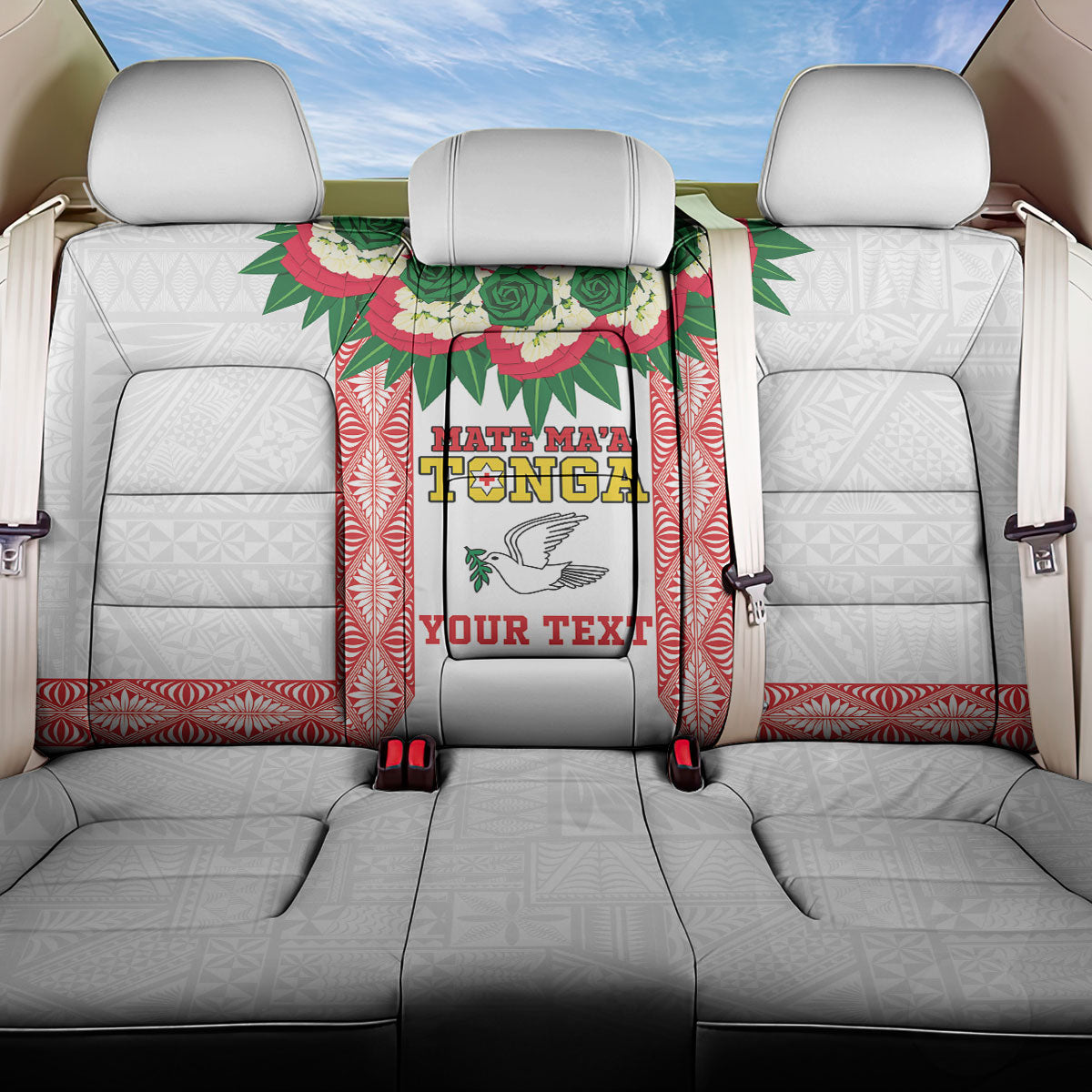 Mate Ma'a Tonga Rugby Custom Back Car Seat Cover Tongan Kahoa Lei Ngatu Pattern White LT14 One Size White - Polynesian Pride