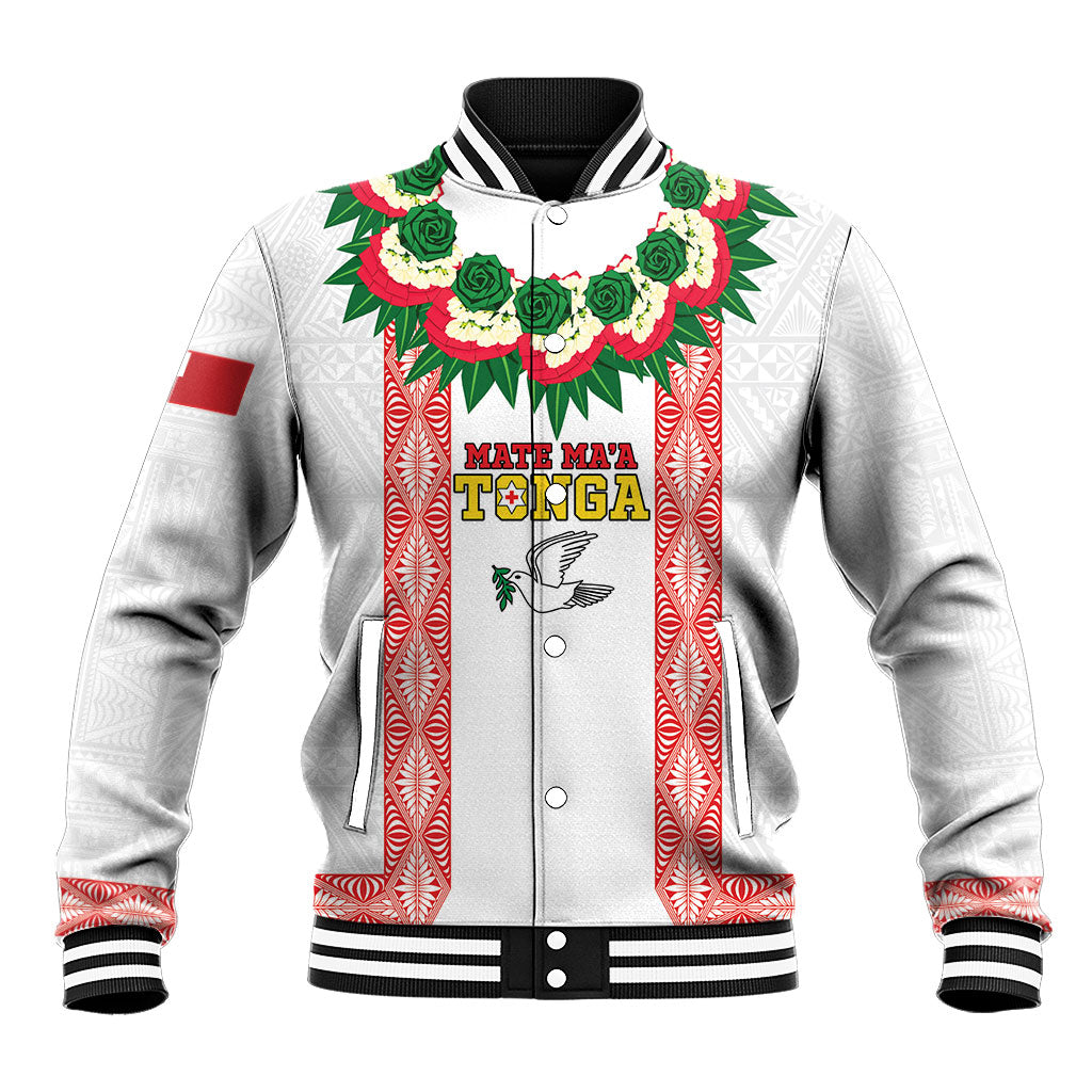 Mate Ma'a Tonga Rugby Custom Baseball Jacket Tongan Kahoa Lei Ngatu Pattern White LT14 Unisex White - Polynesian Pride