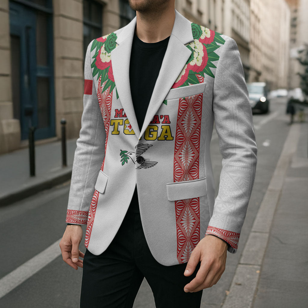 Mate Ma'a Tonga Rugby Custom Blazer Tongan Kahoa Lei Ngatu Pattern White LT14 - Polynesian Pride