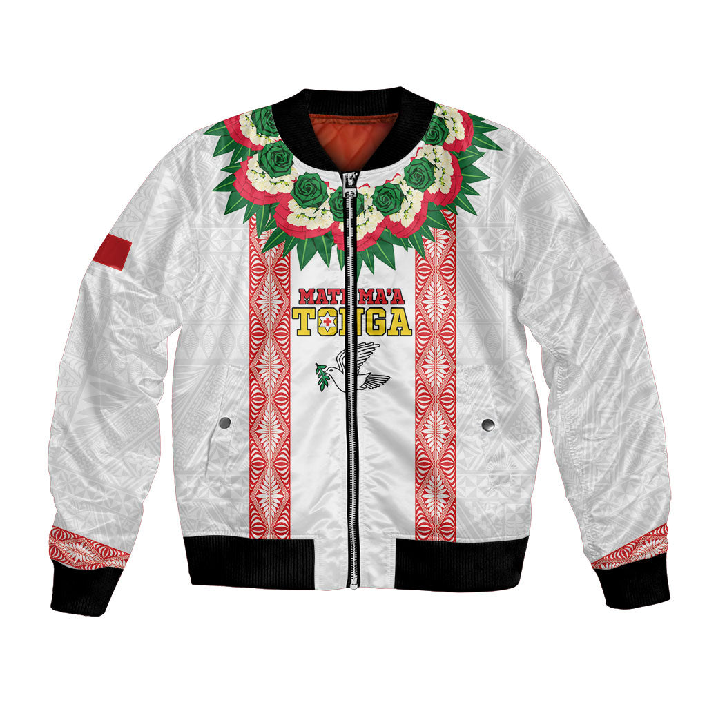 Mate Ma'a Tonga Rugby Custom Bomber Jacket Tongan Kahoa Lei Ngatu Pattern White LT14 Unisex White - Polynesian Pride