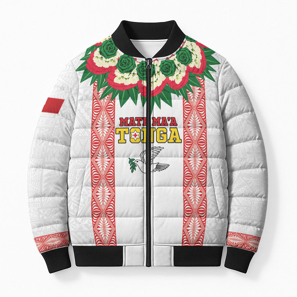 Mate Ma'a Tonga Rugby Custom Bomber Puffer Jacket Tongan Kahoa Lei Ngatu Pattern White