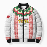 Mate Ma'a Tonga Rugby Custom Bomber Puffer Jacket Tongan Kahoa Lei Ngatu Pattern White