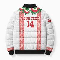 Mate Ma'a Tonga Rugby Custom Bomber Puffer Jacket Tongan Kahoa Lei Ngatu Pattern White