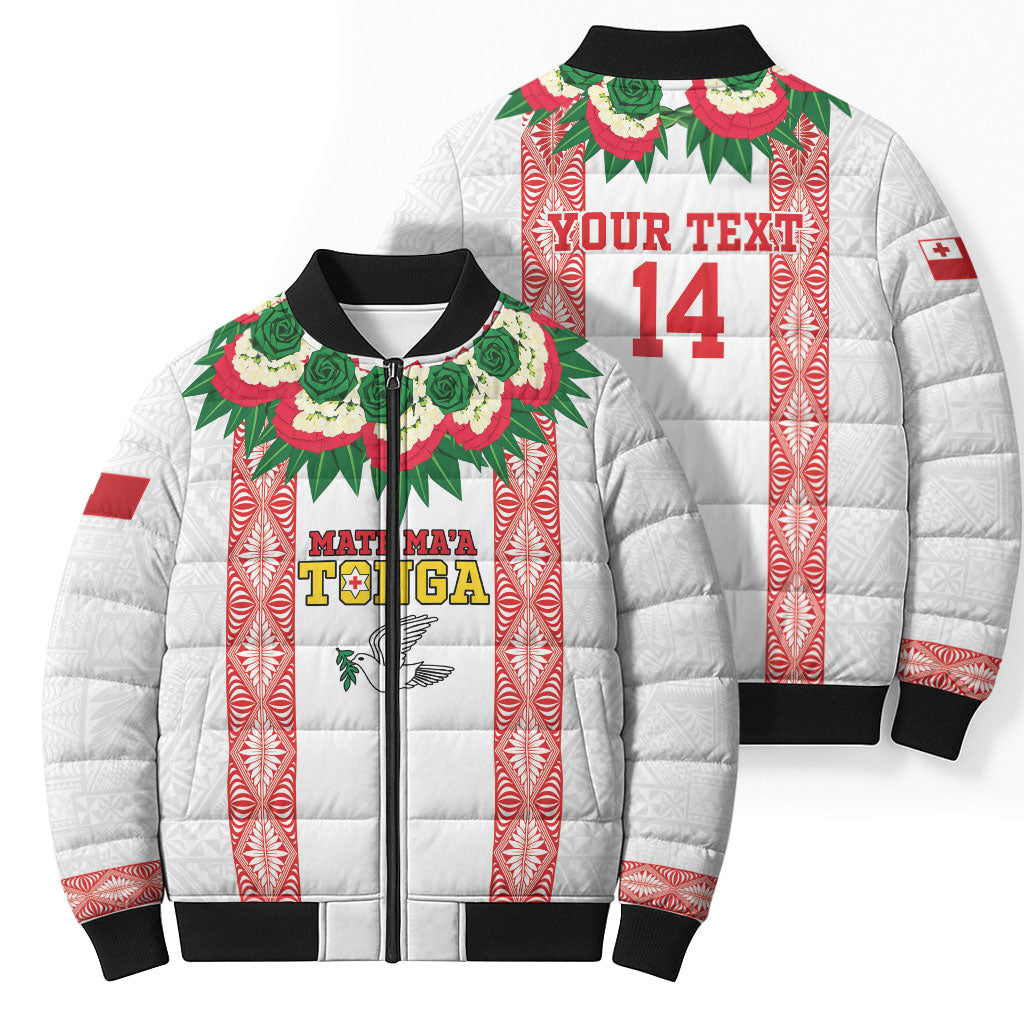 Mate Ma'a Tonga Rugby Custom Bomber Puffer Jacket Tongan Kahoa Lei Ngatu Pattern White
