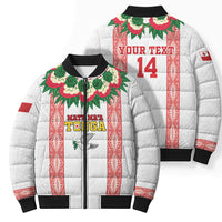Mate Ma'a Tonga Rugby Custom Bomber Puffer Jacket Tongan Kahoa Lei Ngatu Pattern White