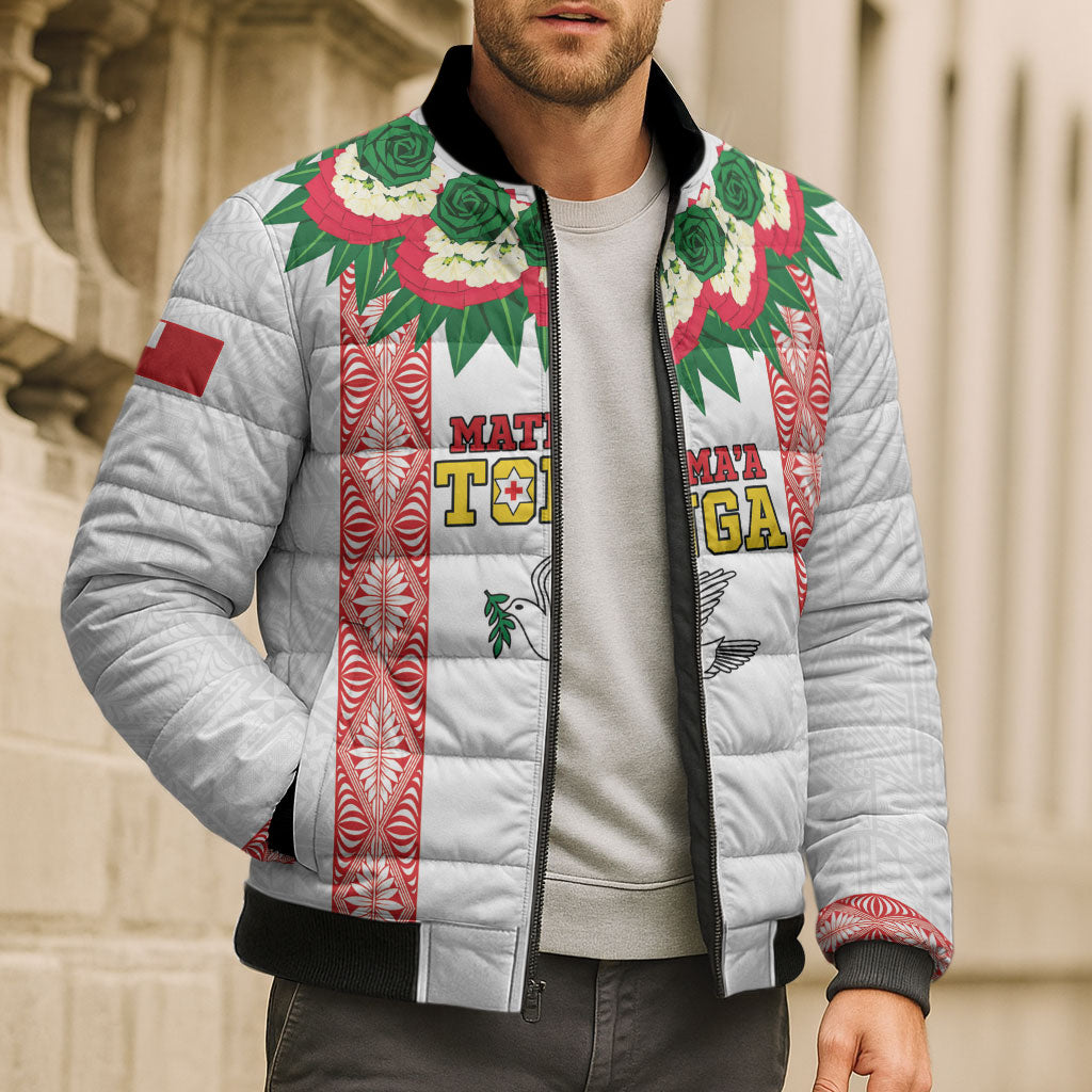 Mate Ma'a Tonga Rugby Custom Bomber Puffer Jacket Tongan Kahoa Lei Ngatu Pattern White