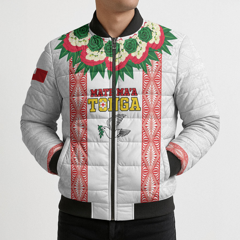 Mate Ma'a Tonga Rugby Custom Bomber Puffer Jacket Tongan Kahoa Lei Ngatu Pattern White