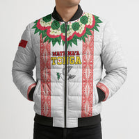 Mate Ma'a Tonga Rugby Custom Bomber Puffer Jacket Tongan Kahoa Lei Ngatu Pattern White