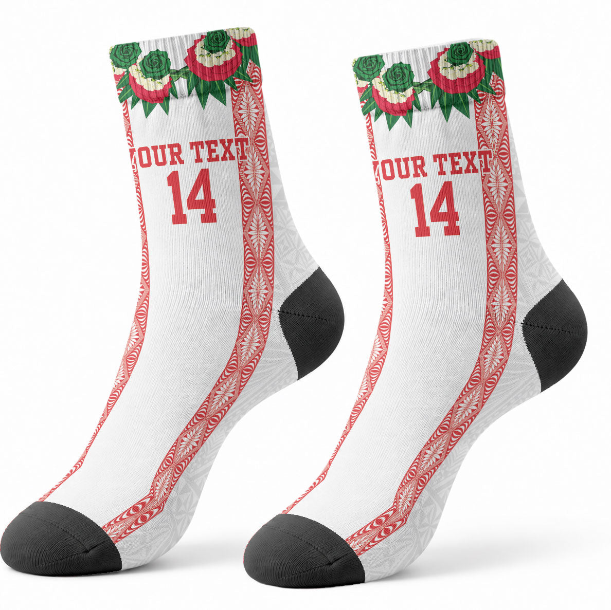 Mate Ma'a Tonga Rugby Custom Crew Socks Tongan Kahoa Lei Ngatu Pattern White LT14 - Polynesian Pride
