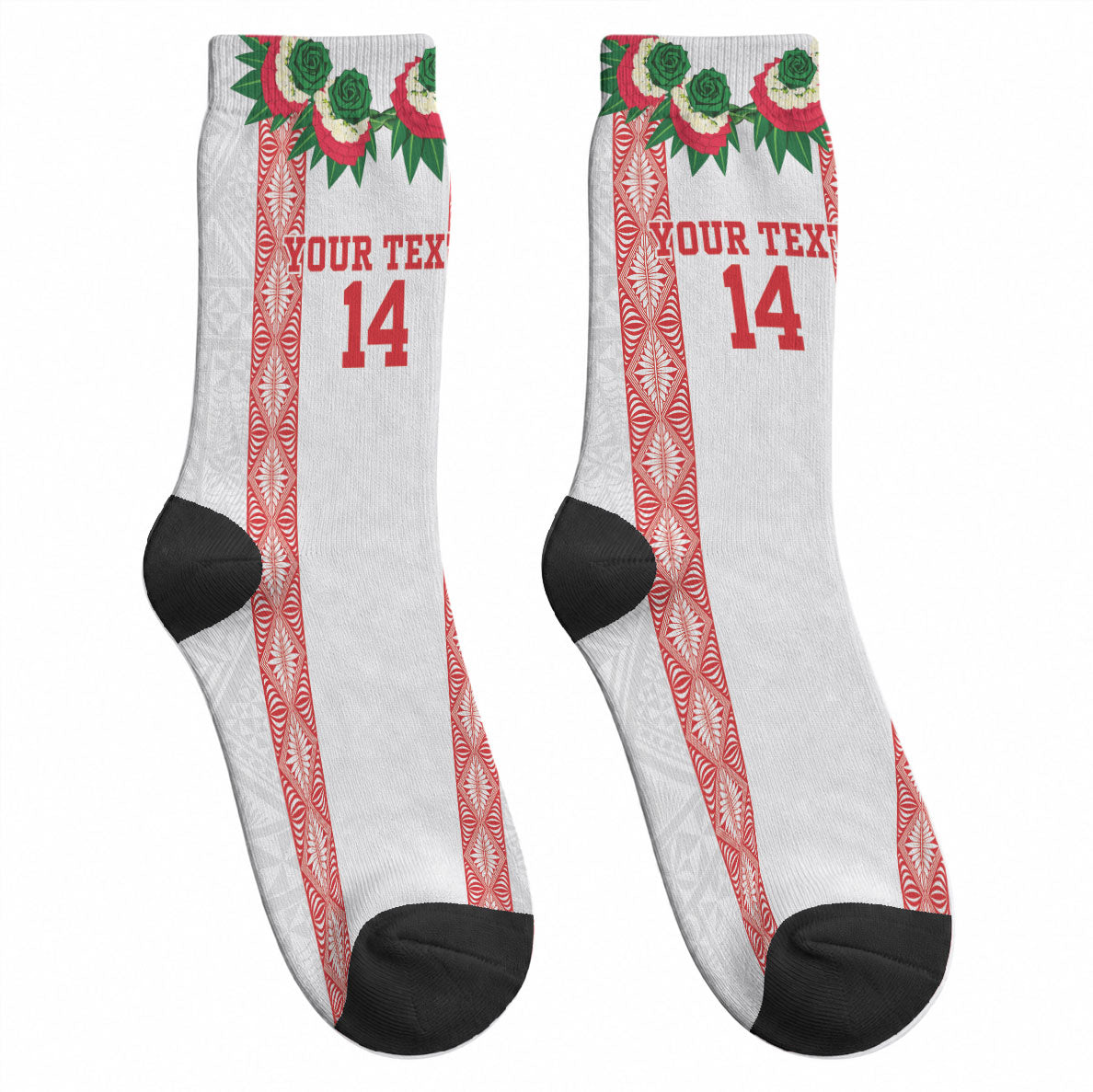 Mate Ma'a Tonga Rugby Custom Crew Socks Tongan Kahoa Lei Ngatu Pattern White LT14 - Polynesian Pride