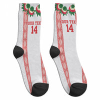 Mate Ma'a Tonga Rugby Custom Crew Socks Tongan Kahoa Lei Ngatu Pattern White LT14 - Polynesian Pride