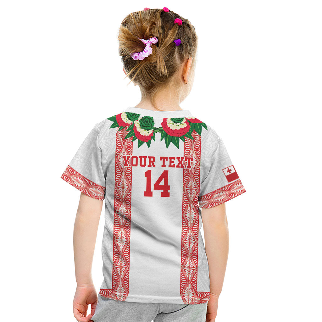 Mate Ma'a Tonga Rugby Custom Kid T Shirt Tongan Kahoa Lei Ngatu Pattern White LT14 - Polynesian Pride