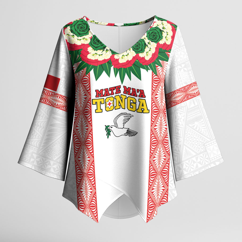 Mate Ma'a Tonga Rugby Custom Kimono Sleeve Blouse Tongan Kahoa Lei Ngatu Pattern White LT14 Female White - Polynesian Pride