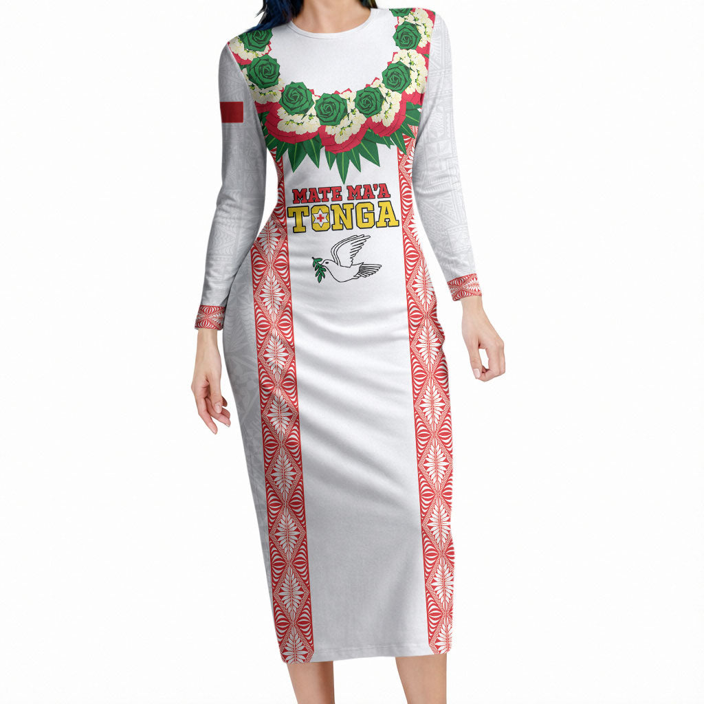 Mate Ma'a Tonga Rugby Custom Long Sleeve Bodycon Dress Tongan Kahoa Lei Ngatu Pattern White
