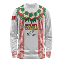 Mate Ma'a Tonga Rugby Custom Long Sleeve Shirt Tongan Kahoa Lei Ngatu Pattern White LT14 Unisex White - Polynesian Pride