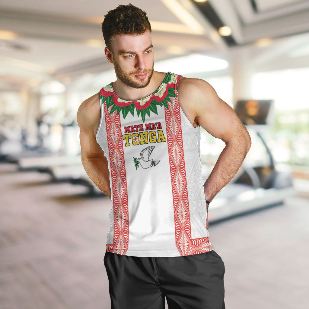 Mate Ma'a Tonga Rugby Custom Men Tank Top Tongan Kahoa Lei Ngatu Pattern White LT14 White - Polynesian Pride