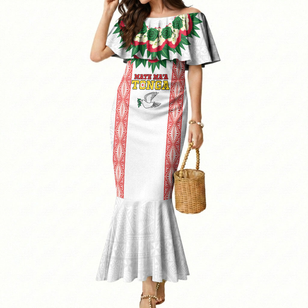 Mate Ma'a Tonga Rugby Custom Mermaid Dress Tongan Kahoa Lei Ngatu Pattern White LT14 Women White - Polynesian Pride
