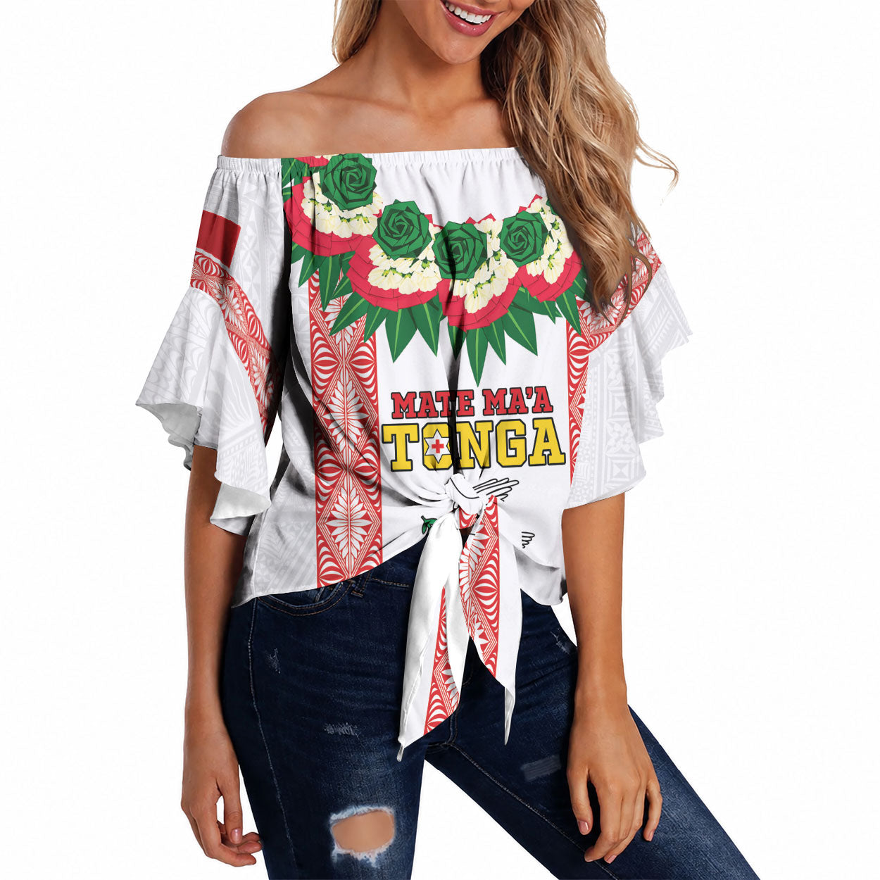 Mate Ma'a Tonga Rugby Custom Off Shoulder Wrap Waist Top Tongan Kahoa Lei Ngatu Pattern White LT14 White - Polynesian Pride