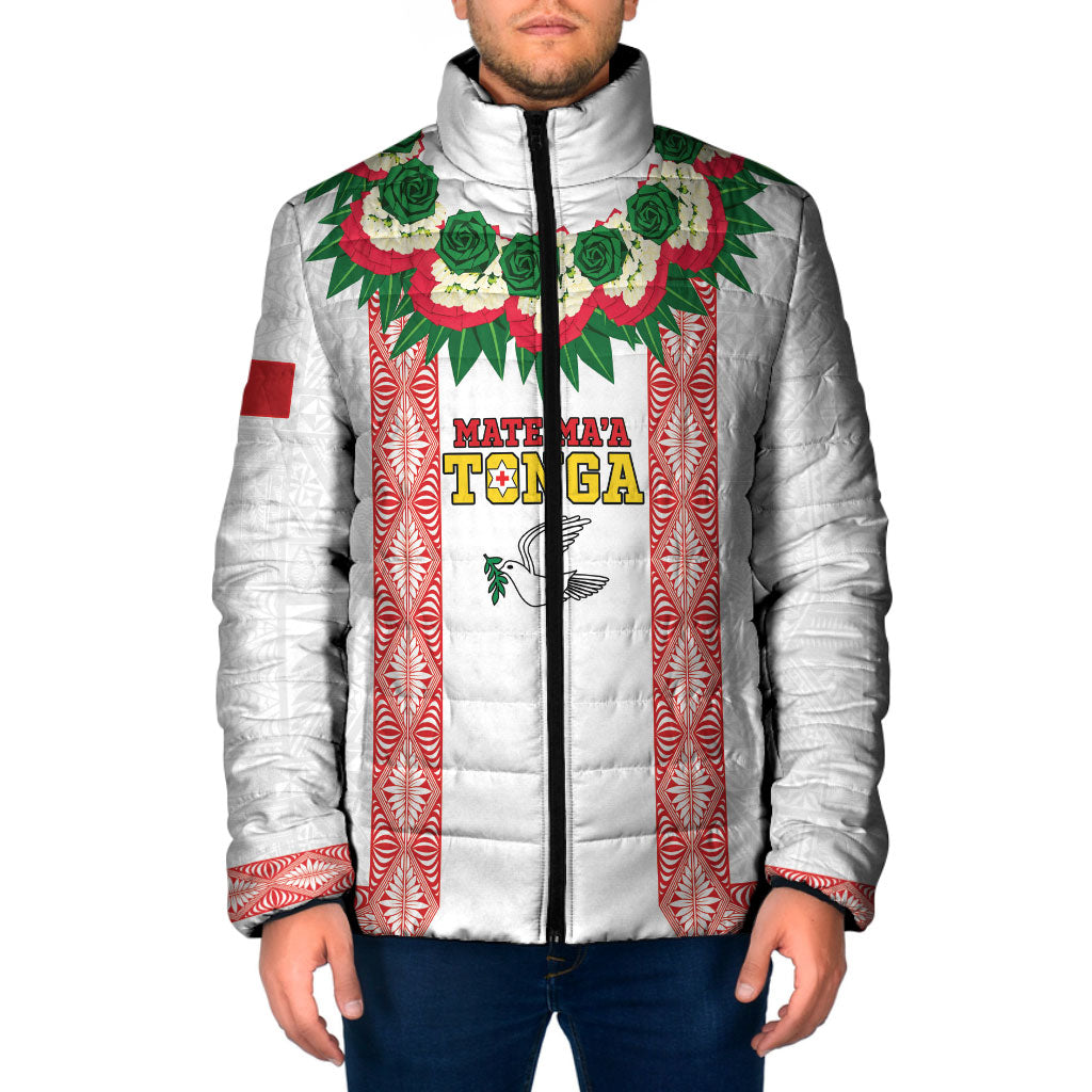 Mate Ma'a Tonga Rugby Custom Padded Jacket Tongan Kahoa Lei Ngatu Pattern White LT14 Men White - Polynesian Pride