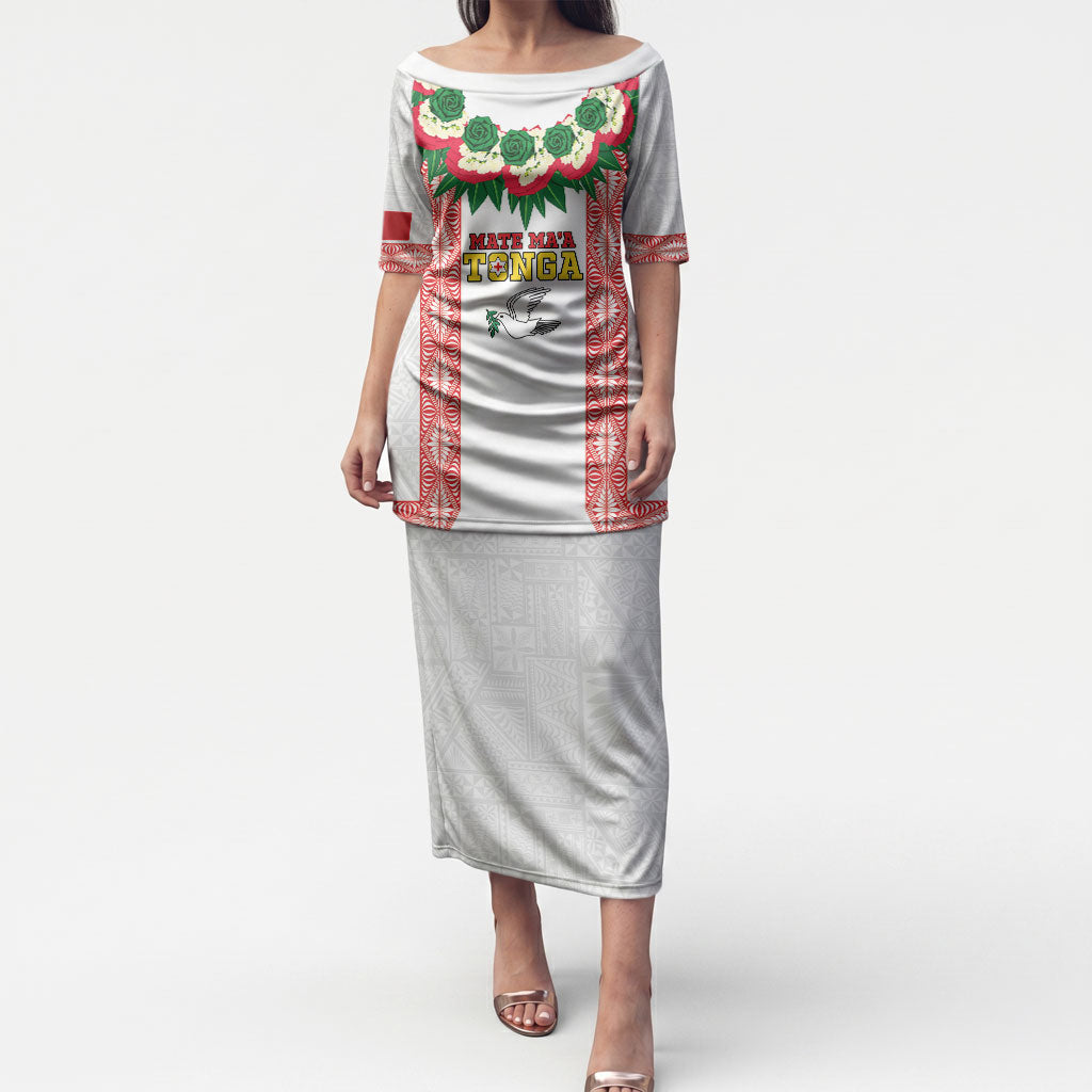 Mate Ma'a Tonga Rugby Custom Puletasi Tongan Kahoa Lei Ngatu Pattern White LT14 Long Dress White - Polynesian Pride