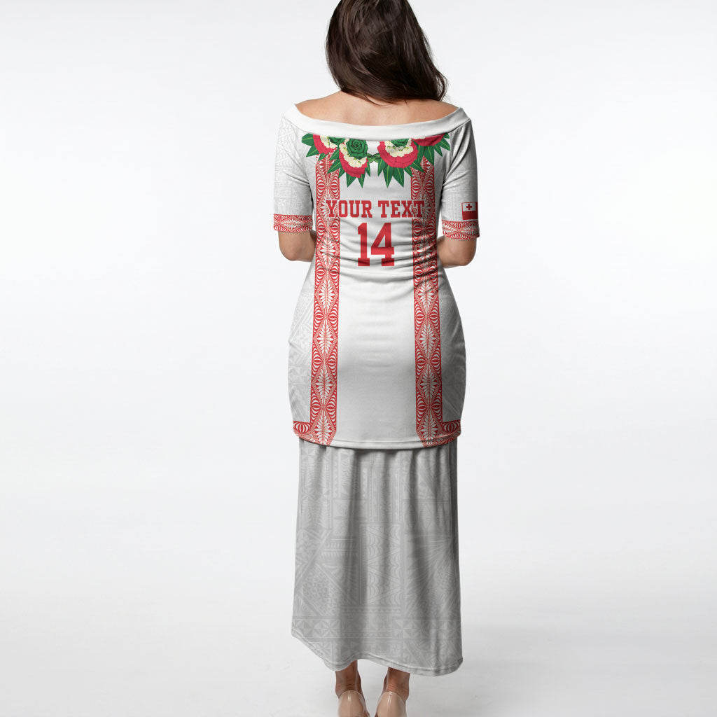 Mate Ma'a Tonga Rugby Custom Puletasi Tongan Kahoa Lei Ngatu Pattern White LT14 - Polynesian Pride