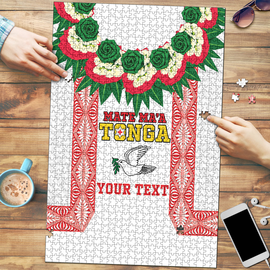 Mate Ma'a Tonga Rugby Custom Puzzle Tongan Kahoa Lei Ngatu Pattern White LT14 White - Polynesian Pride